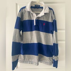 Polo Ralph Lauren, long slv, vintage rugby, boys size 8, gray and blue striped